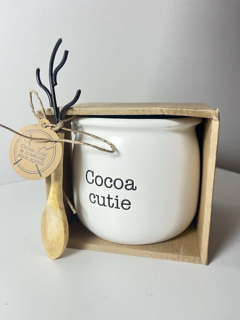 Mud Pie Cocoa Cutie Mug Set w/ Spoon & Deer Stirrer Ceramic Coffee Cup Gift Box